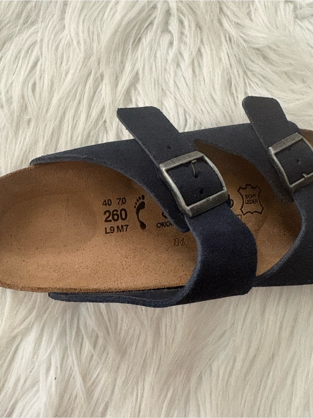 Birki’s Unisex Navy Double-Buckle Suede Slide Sandals - Picture 3 of 4